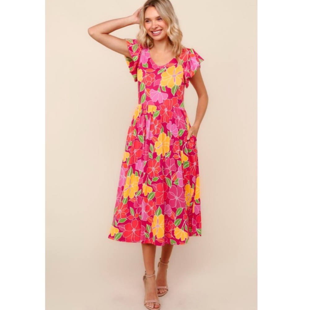 Fuchsia/Yellow Floral Midi Dress with Folded Ruffle & Pockets - Picture 3 of 10
